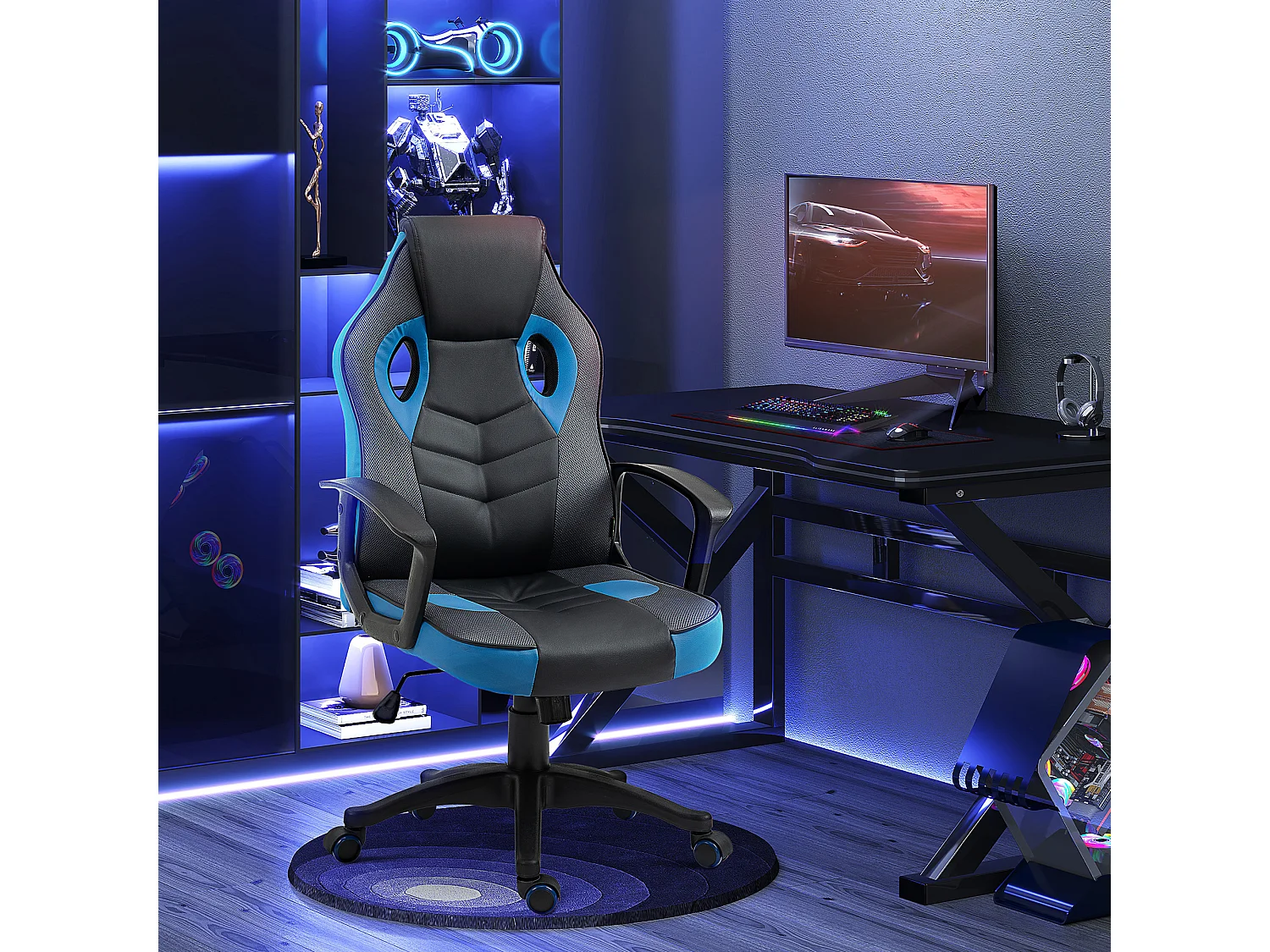 Sedia da gaming girevole con ruote in similpelle nera e blu