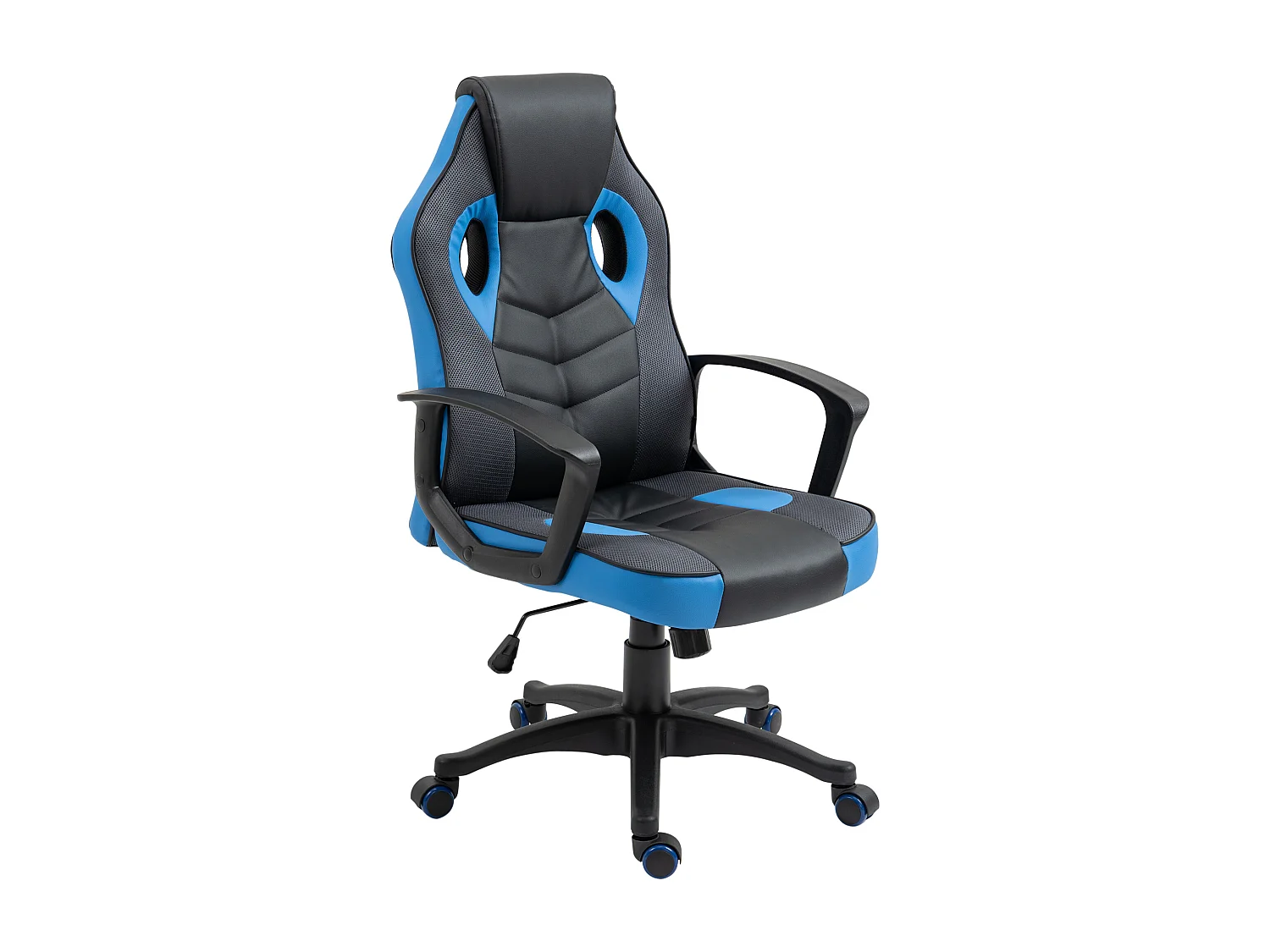 Sedia da gaming girevole con ruote in similpelle nera e blu