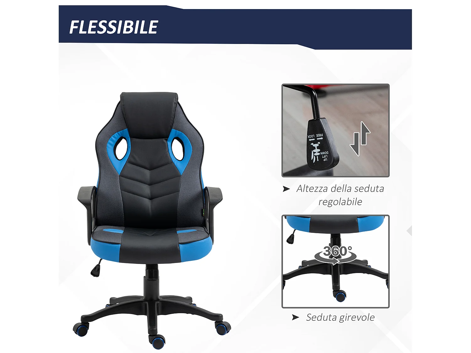 Sedia da gaming girevole con ruote in similpelle nera e blu