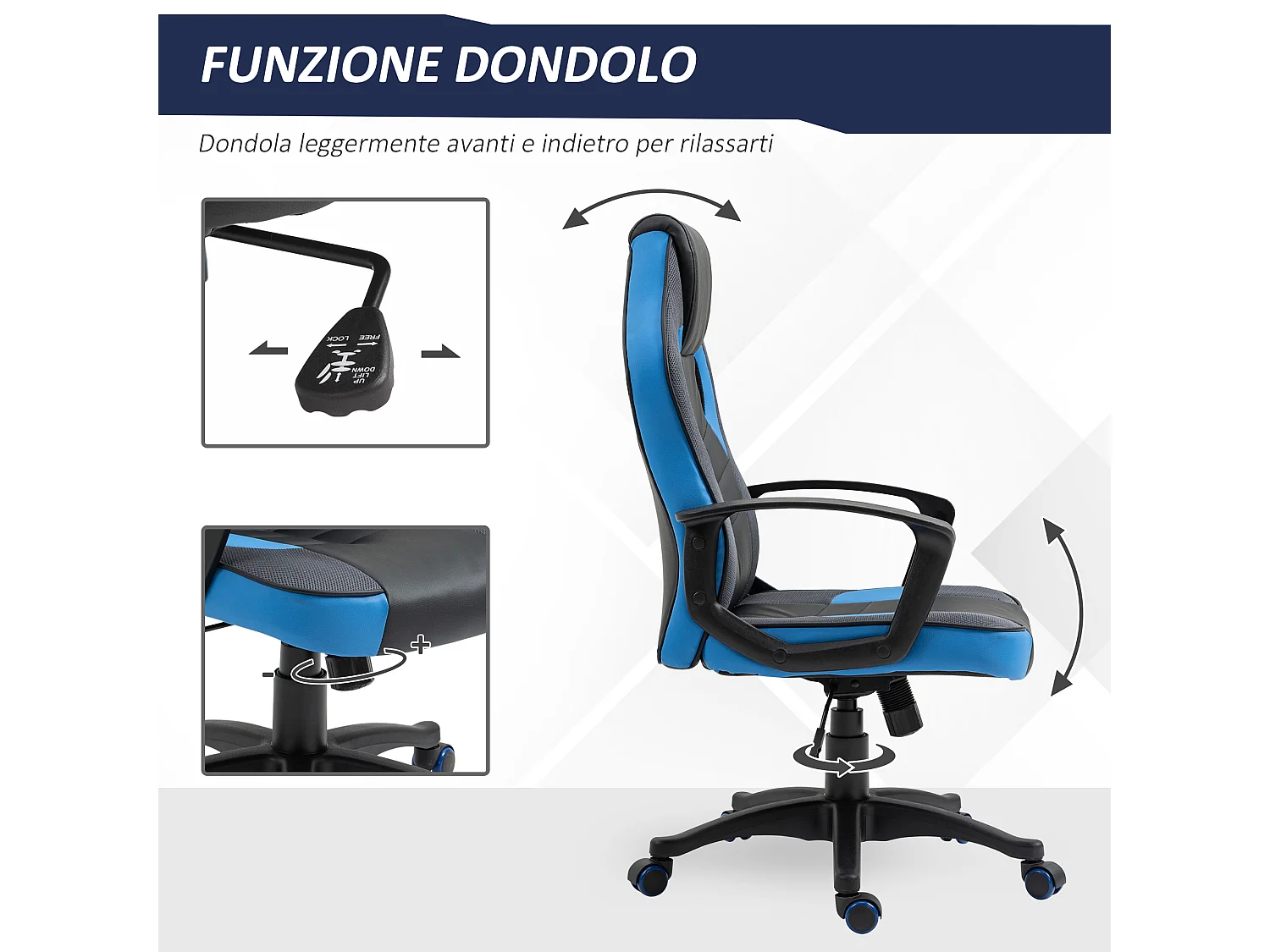 Sedia da gaming girevole con ruote in similpelle nera e blu