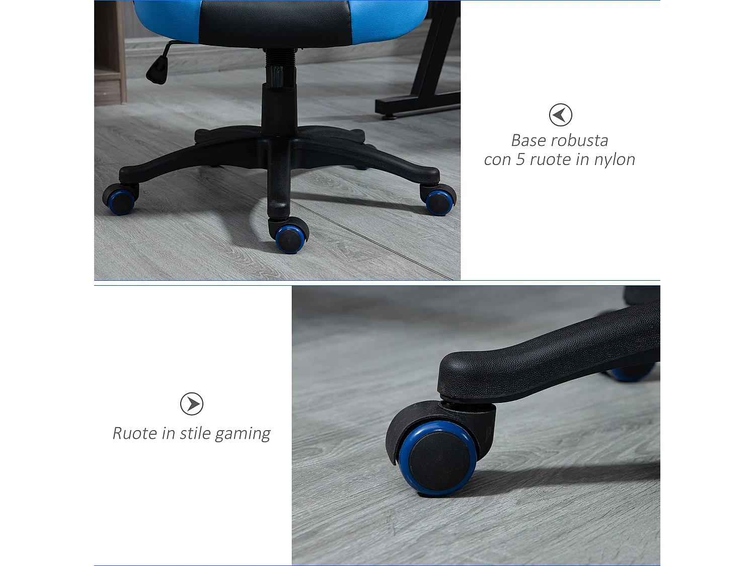 Sedia da gaming girevole con ruote in similpelle nera e blu