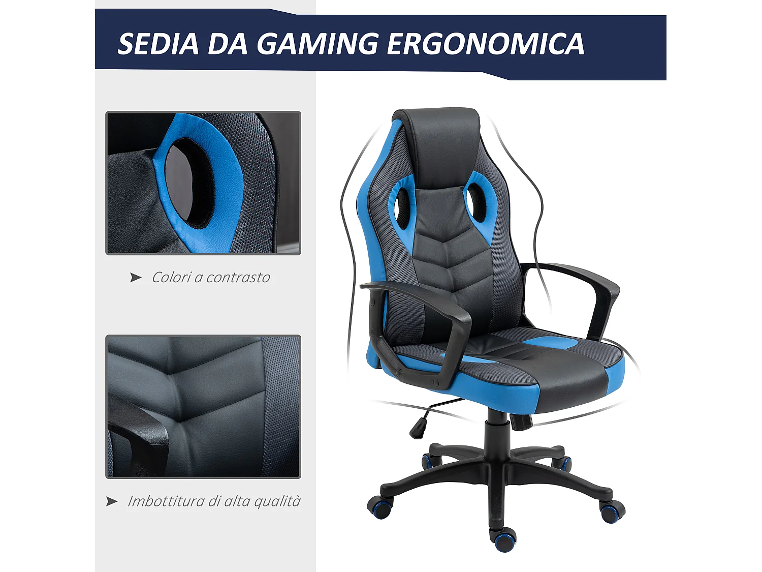 Sedia da gaming girevole con ruote in similpelle nera e blu