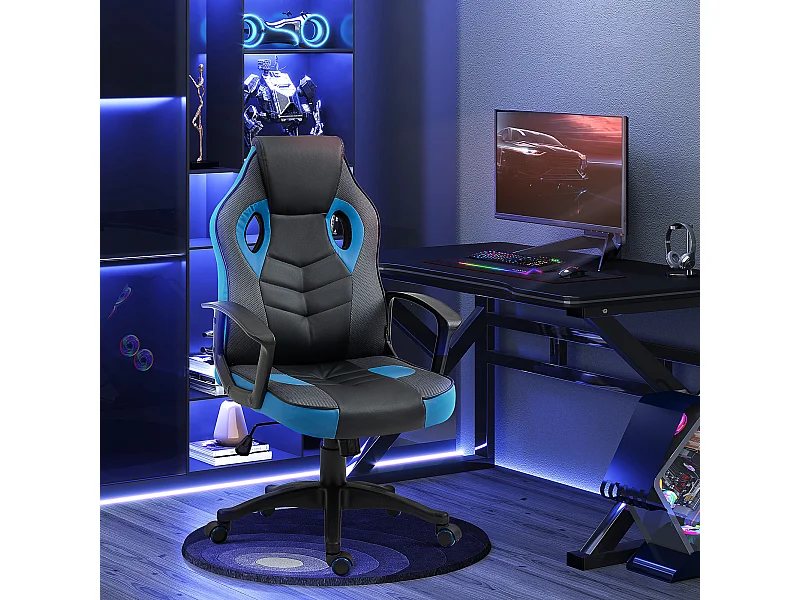 Sedia da gaming girevole con ruote in similpelle nera e blu