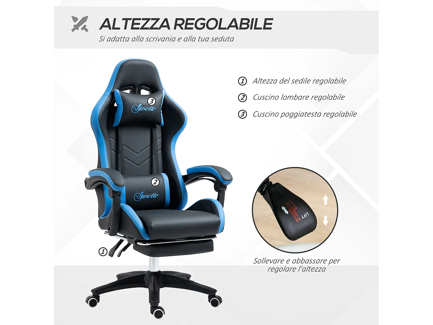 Sedia gaming altezza regolabile con schienale reclinabile blu