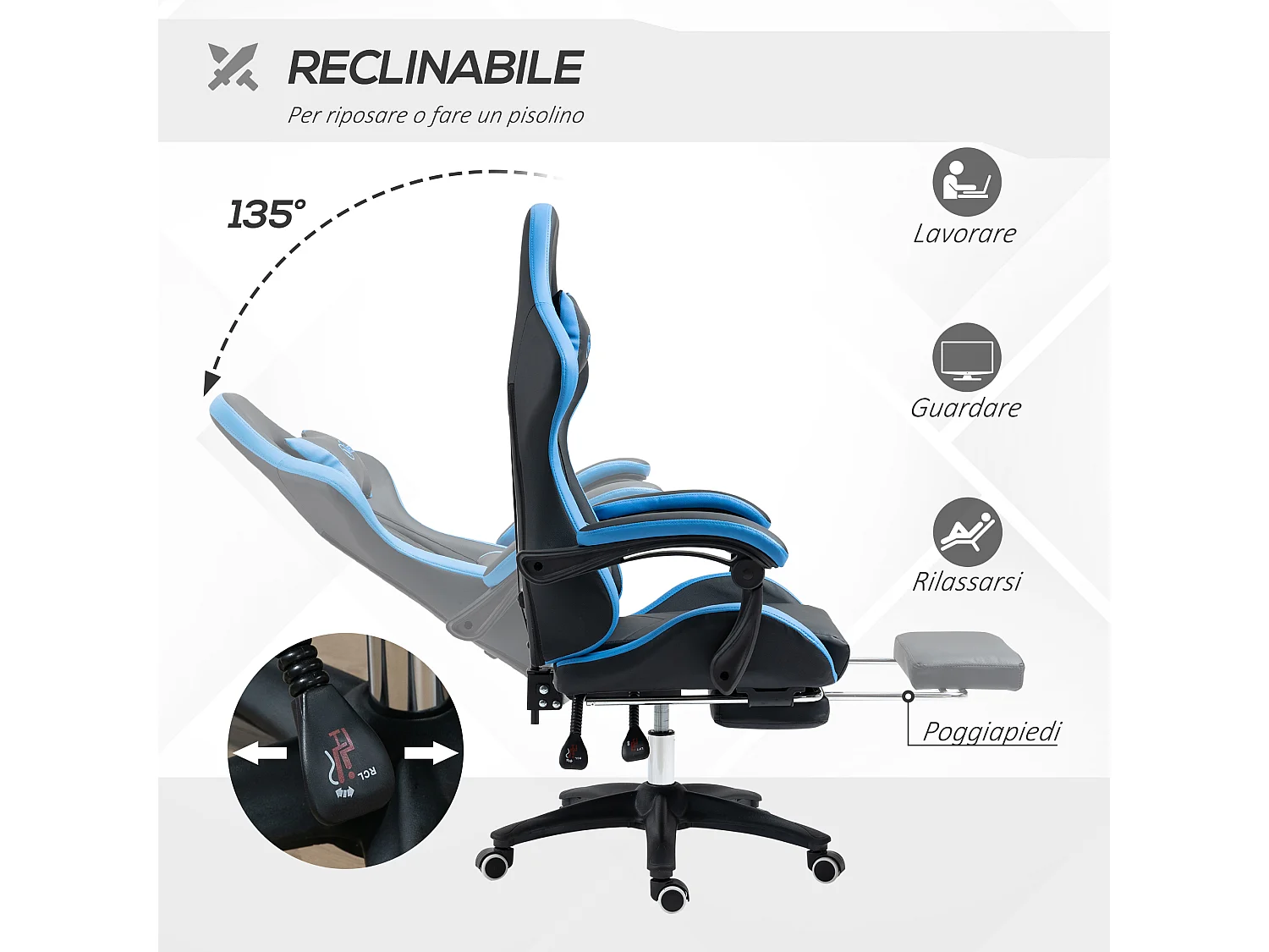 Sedia gaming altezza regolabile con schienale reclinabile blu