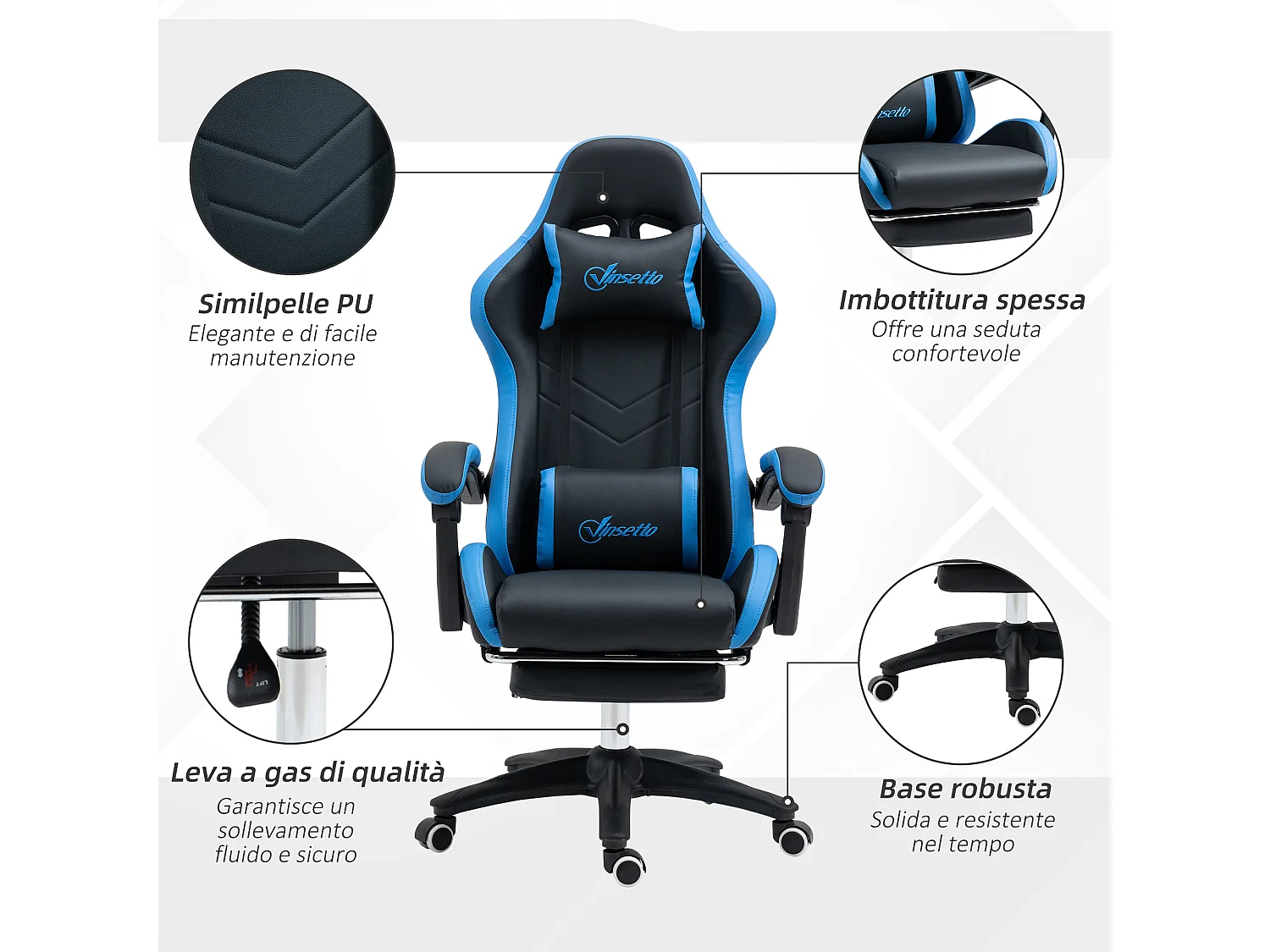 Sedia gaming altezza regolabile con schienale reclinabile blu
