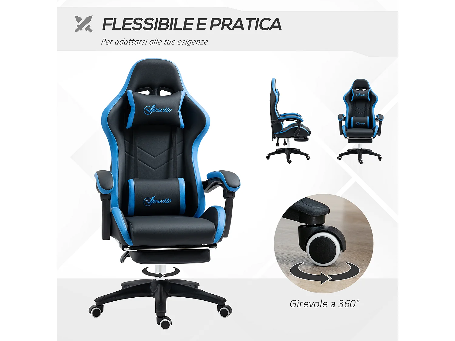 Sedia gaming altezza regolabile con schienale reclinabile blu