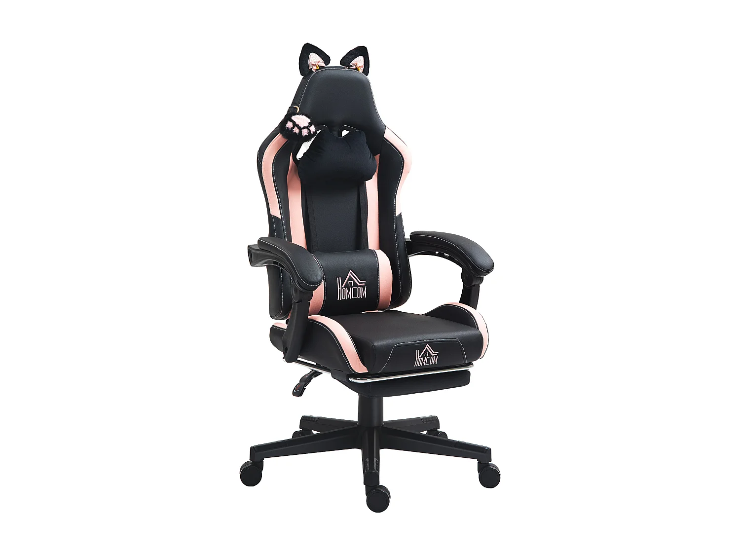 Sedia da gaming reclinabile con poggiapiedi e cuscini rosa e nero