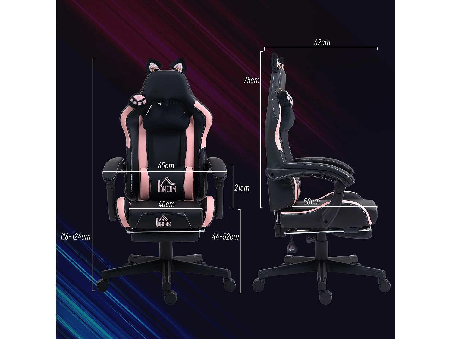 Sedia da gaming reclinabile con poggiapiedi e cuscini rosa e nero