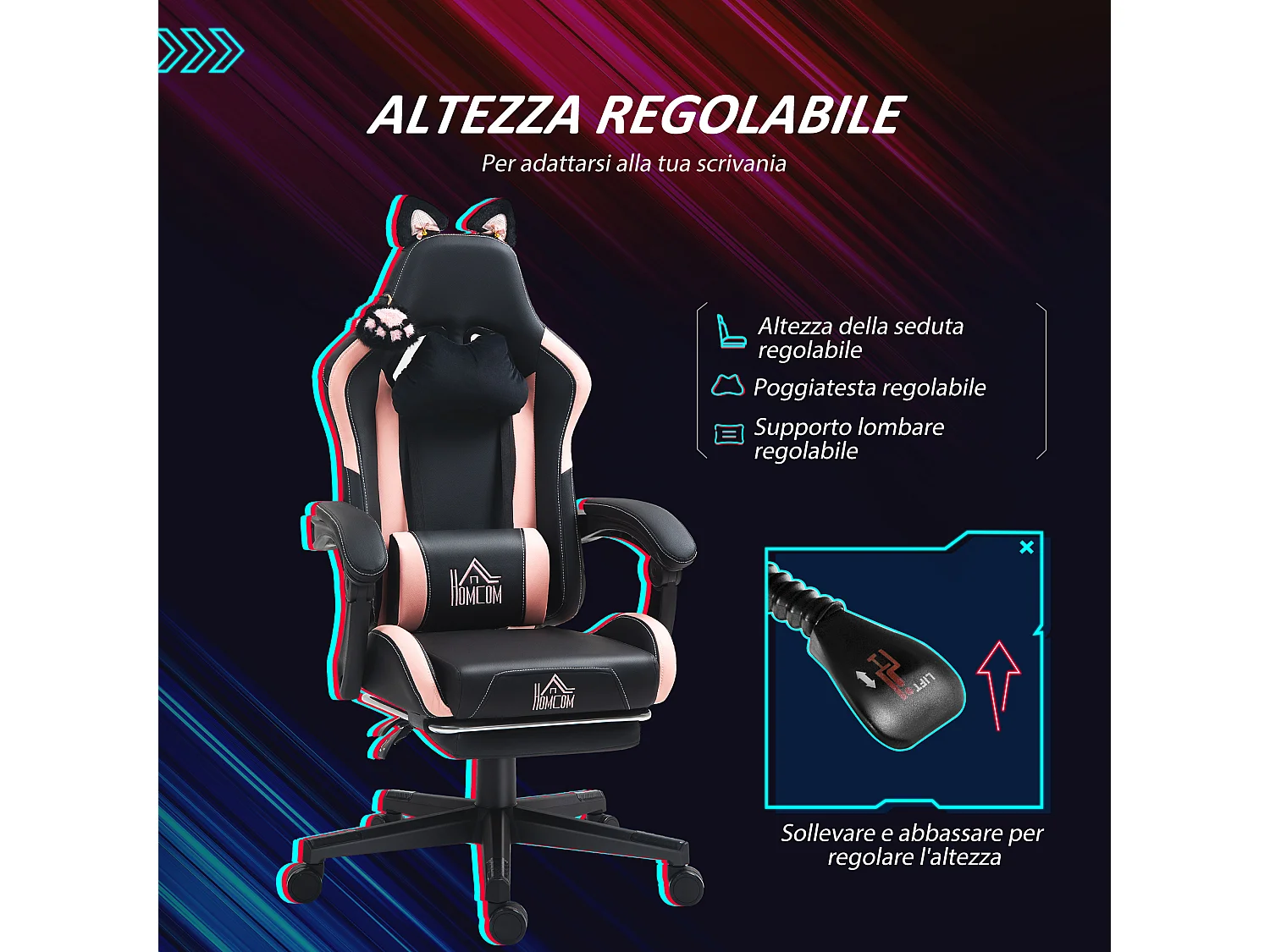 Sedia da gaming reclinabile con poggiapiedi e cuscini rosa e nero