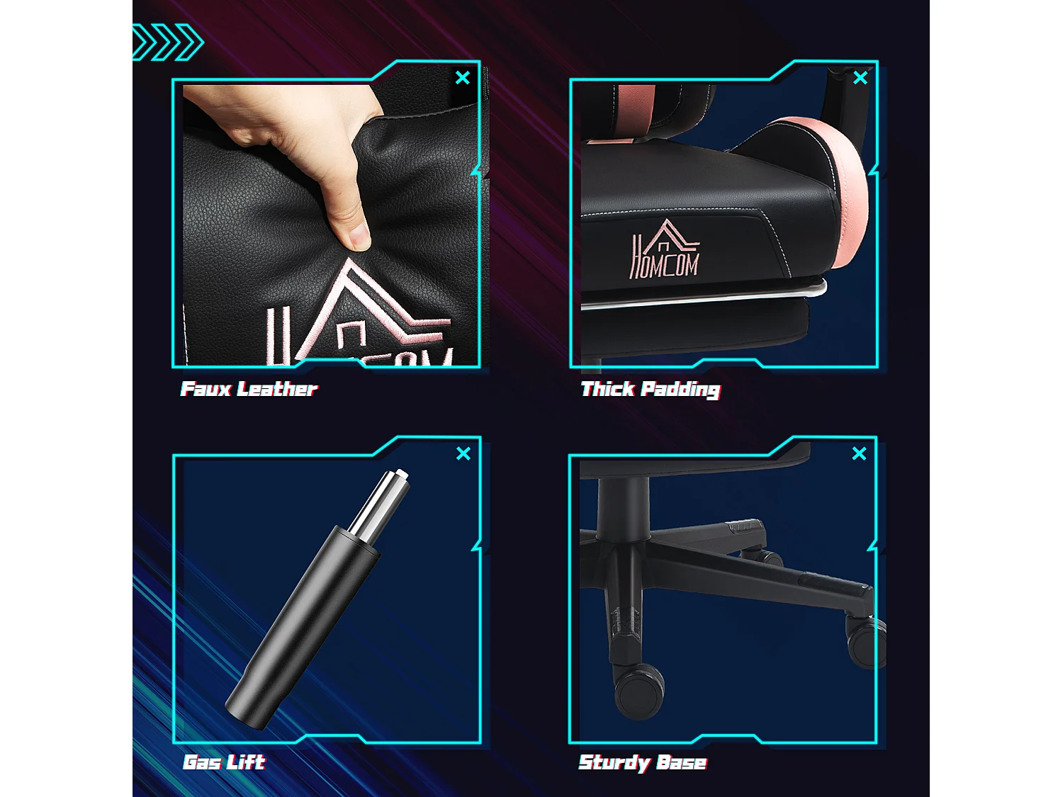 Sedia da gaming reclinabile con poggiapiedi e cuscini rosa e nero