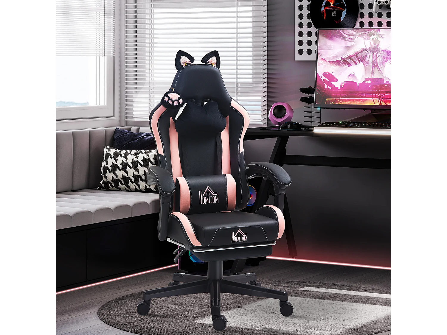 Sedia da gaming reclinabile con poggiapiedi e cuscini rosa e nero