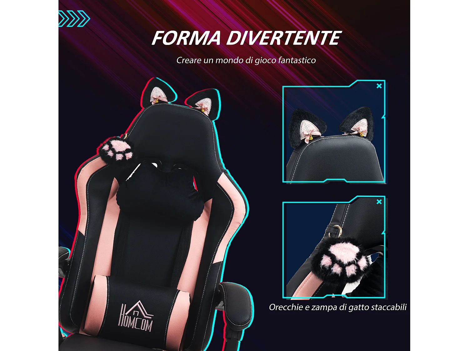 Sedia da gaming reclinabile con poggiapiedi e cuscini rosa e nero