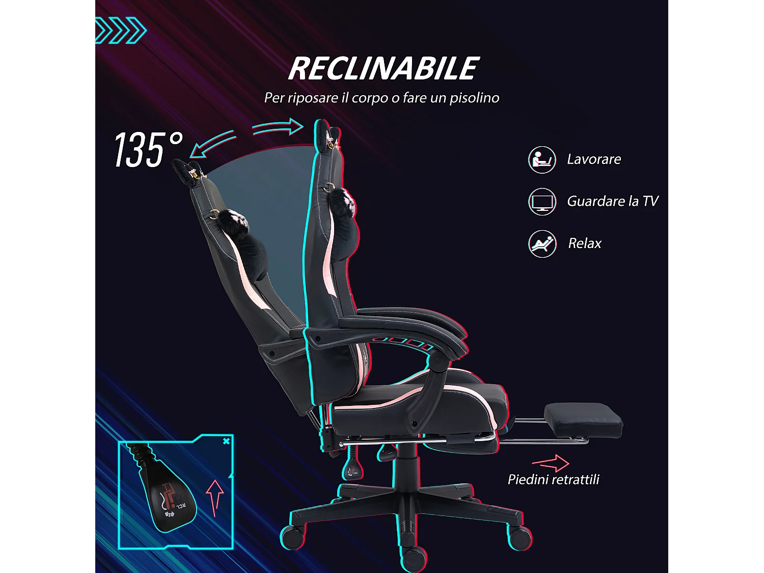 Sedia da gaming reclinabile con poggiapiedi e cuscini rosa e nero