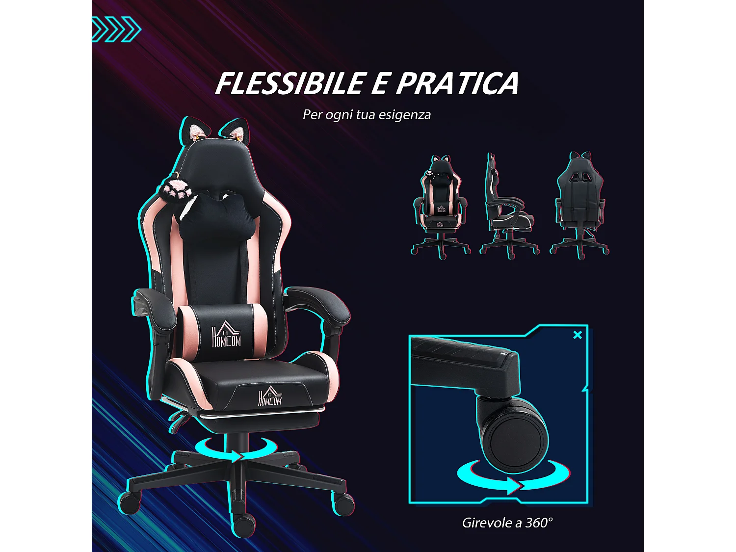 Sedia da gaming reclinabile con poggiapiedi e cuscini rosa e nero