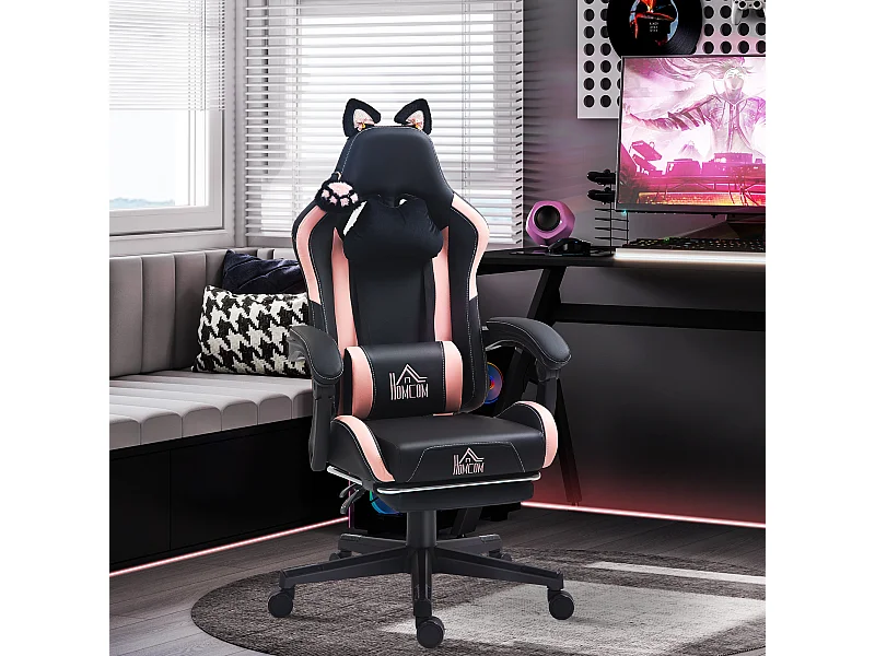 Sedia da gaming reclinabile con poggiapiedi e cuscini rosa e nero