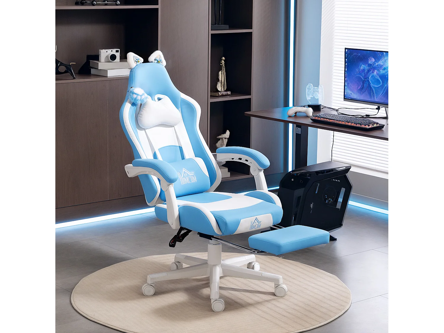 Sedia da gaming reclinabile con poggiapiedi e cuscini bianco e rosa