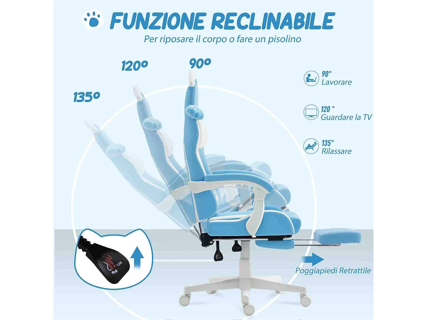 Sedia da gaming reclinabile con poggiapiedi e cuscini bianco e rosa