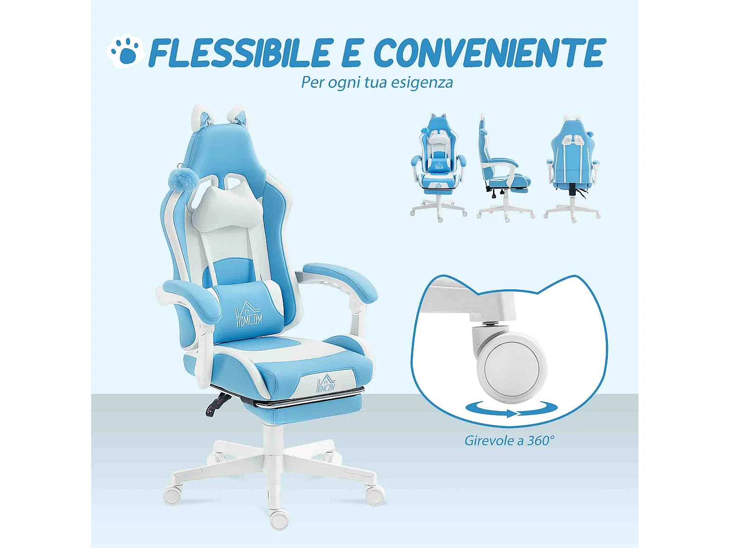 Sedia da gaming reclinabile con poggiapiedi e cuscini bianco e rosa