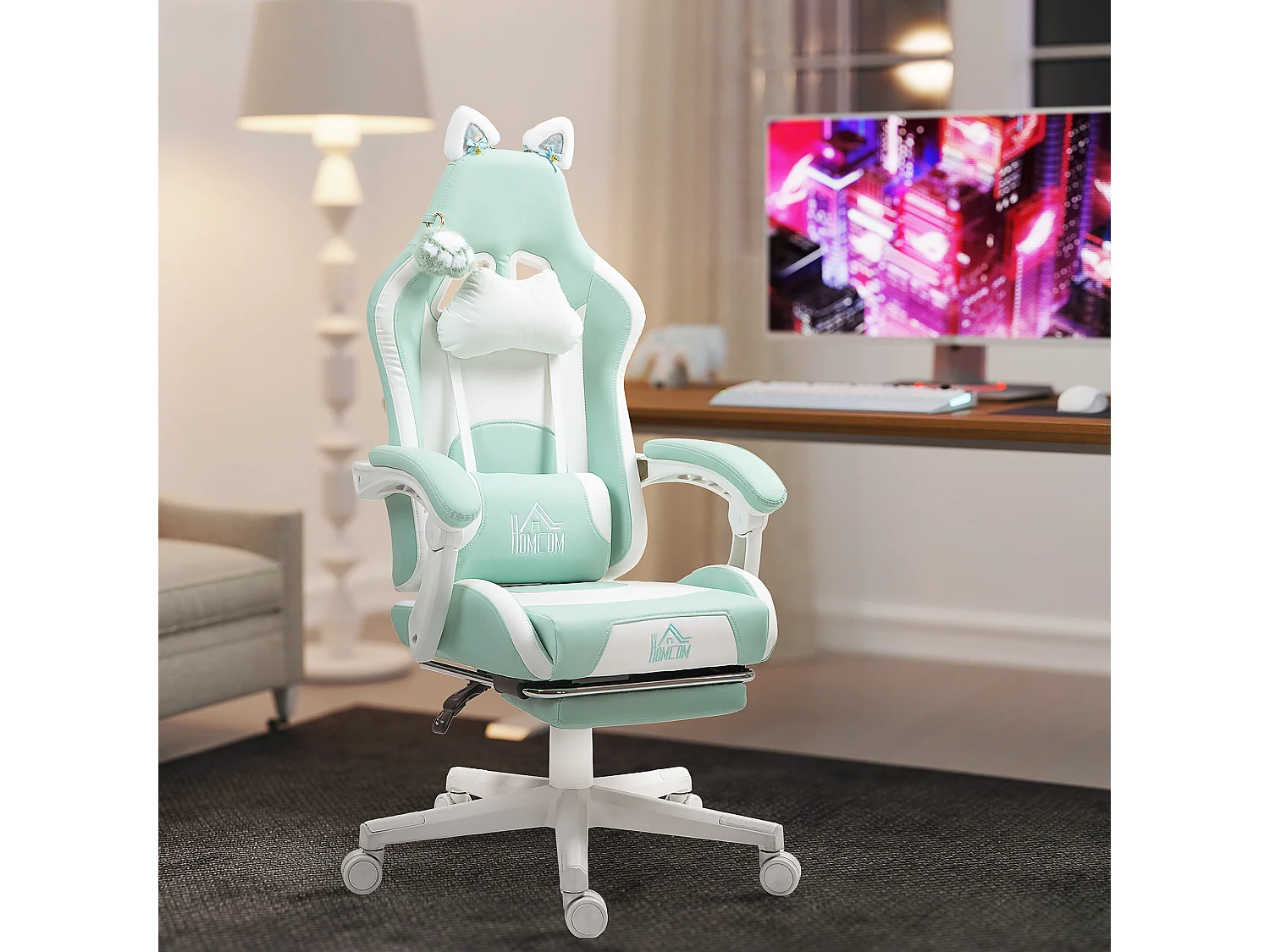 Sedia da gaming reclinabile con poggiapiedi e cuscini bianco e blu