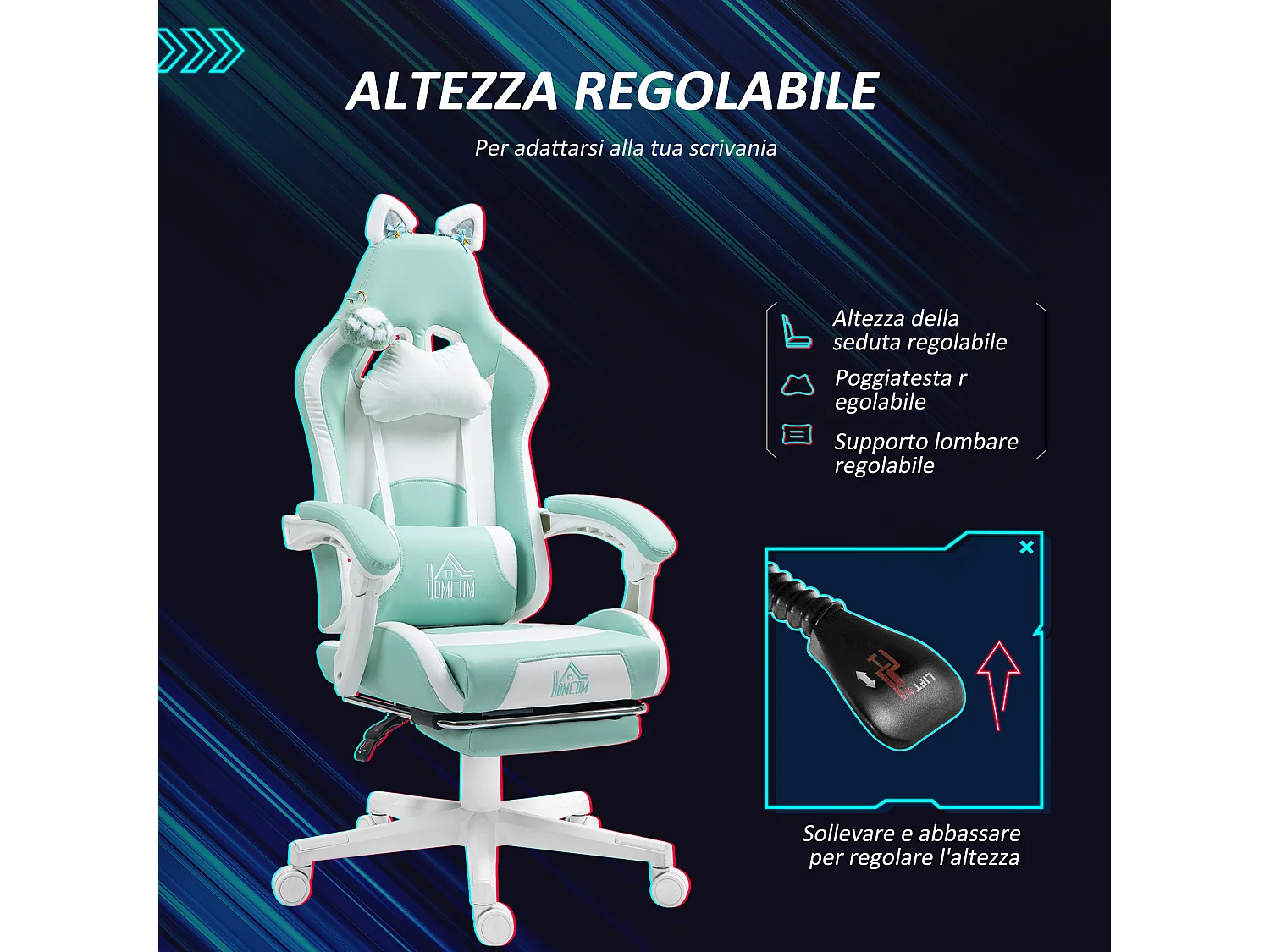 Sedia da gaming reclinabile con poggiapiedi e cuscini bianco e blu