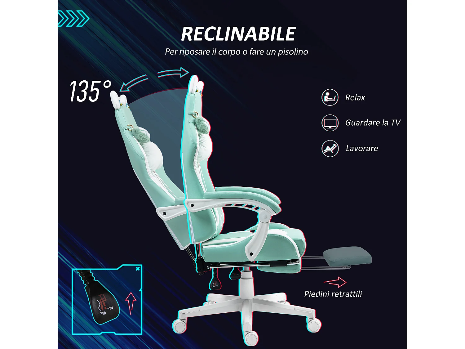 Sedia da gaming reclinabile con poggiapiedi e cuscini bianco e blu