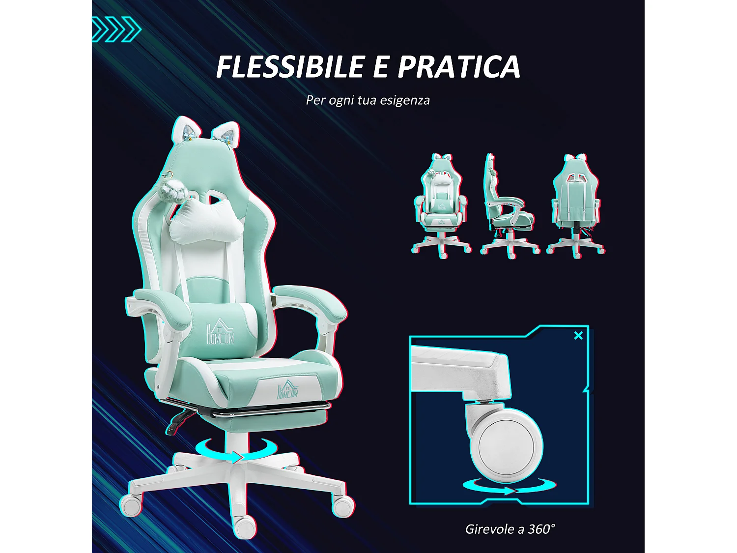 Sedia da gaming reclinabile con poggiapiedi e cuscini bianco e blu