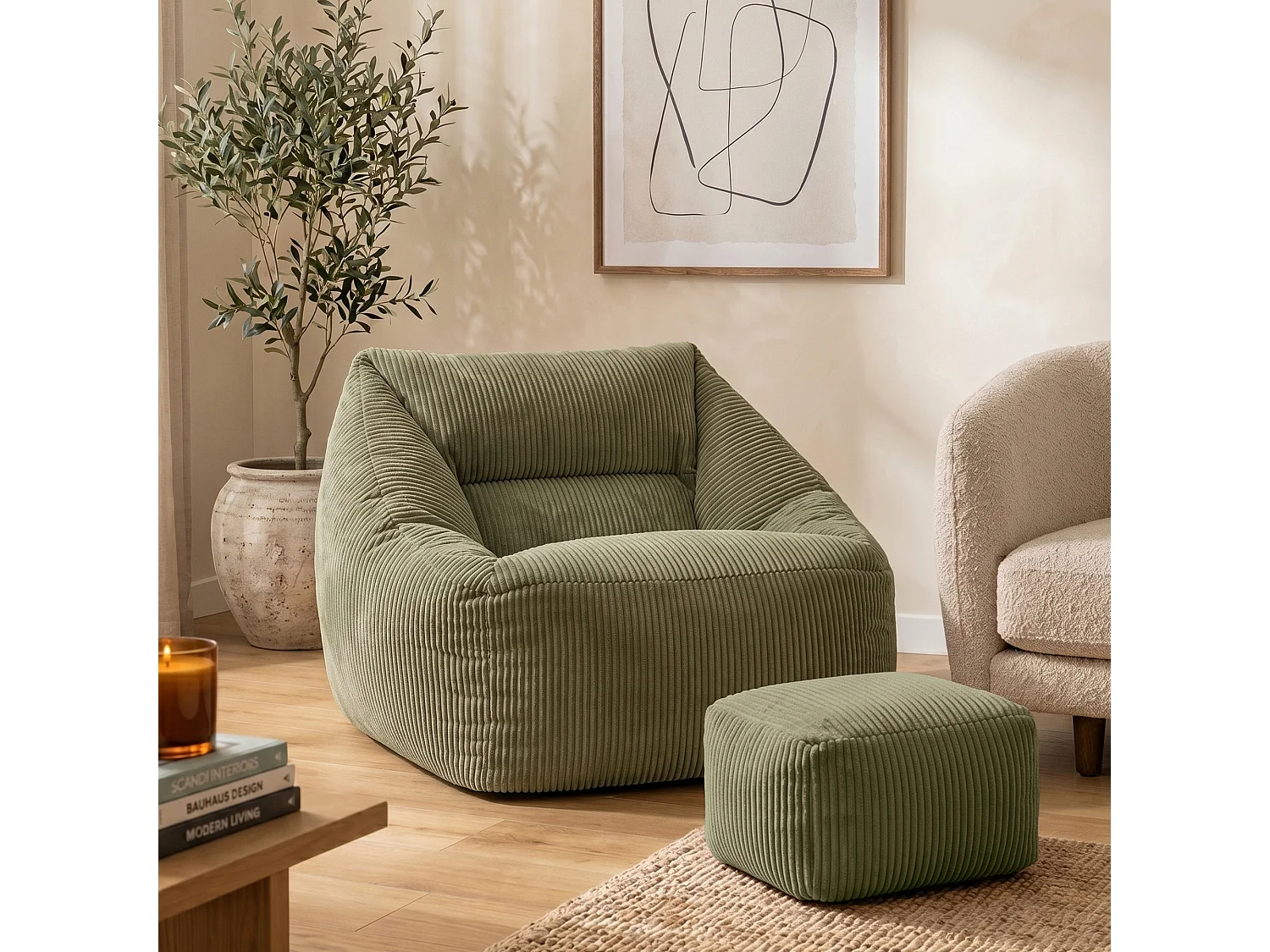 Pouf fauteuil salon ou chambre velours côtelé vert sauge - NATALIA