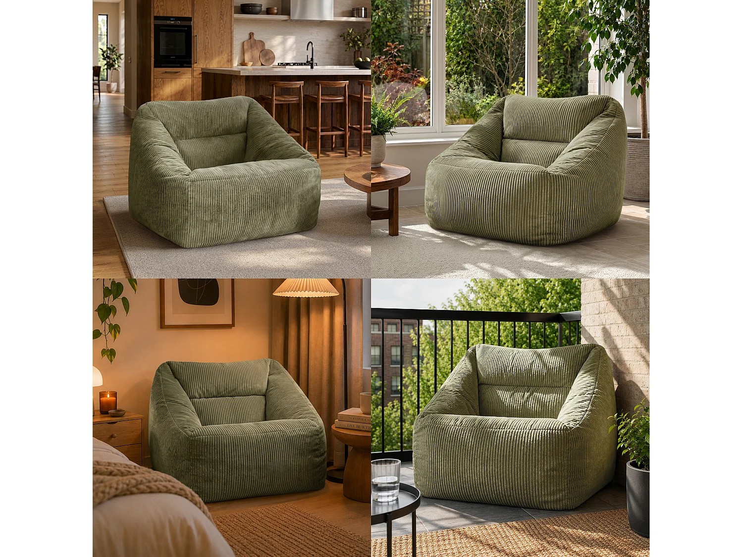 Pouf fauteuil salon ou chambre velours côtelé vert sauge - NATALIA