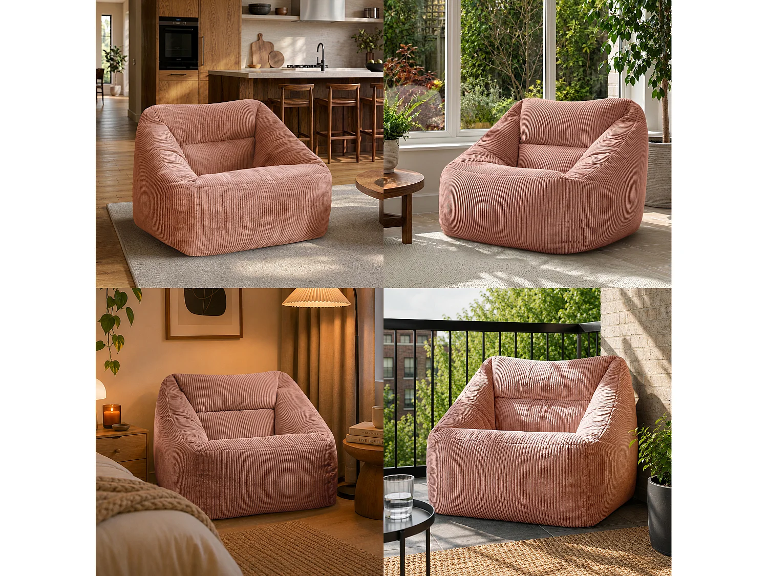 Pouf fauteuil salon ou chambre velours côtelé rose aube - NATALIA