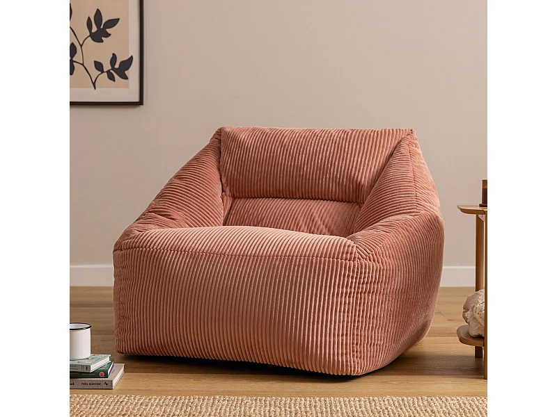 Pouf fauteuil salon ou chambre velours côtelé rose aube - NATALIA