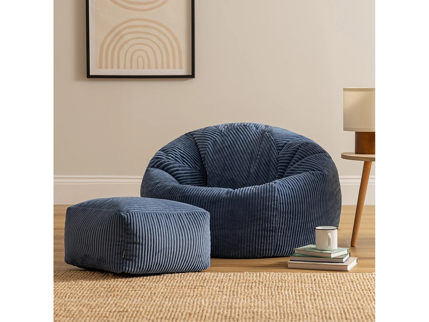 Pouf classique et son repose-pied carré velours côtelé, bleu jean, chambre et salon - KINGSTON
