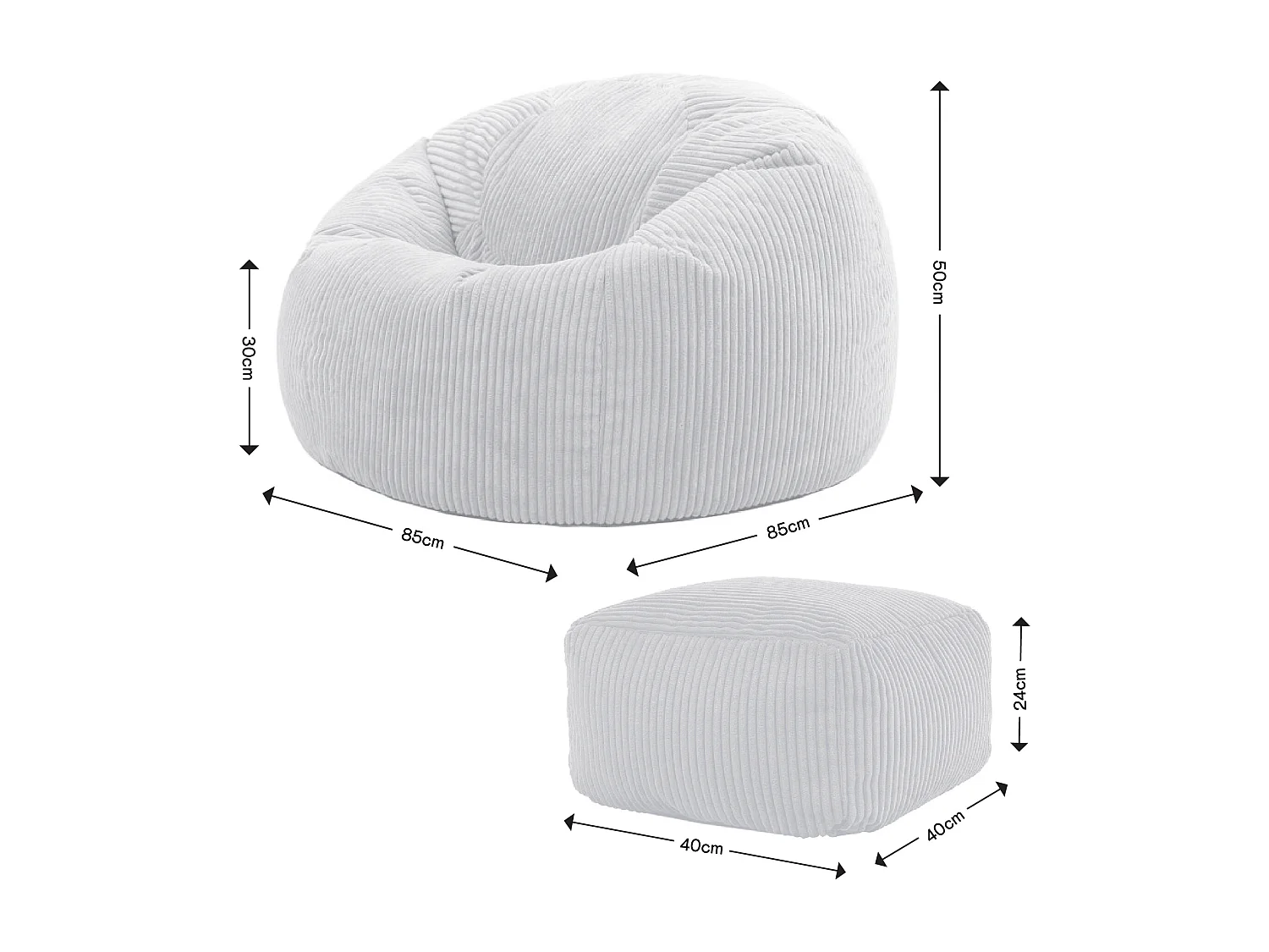 Pouf classique et son repose-pied carré velours côtelé, bleu jean, chambre et salon - KINGSTON