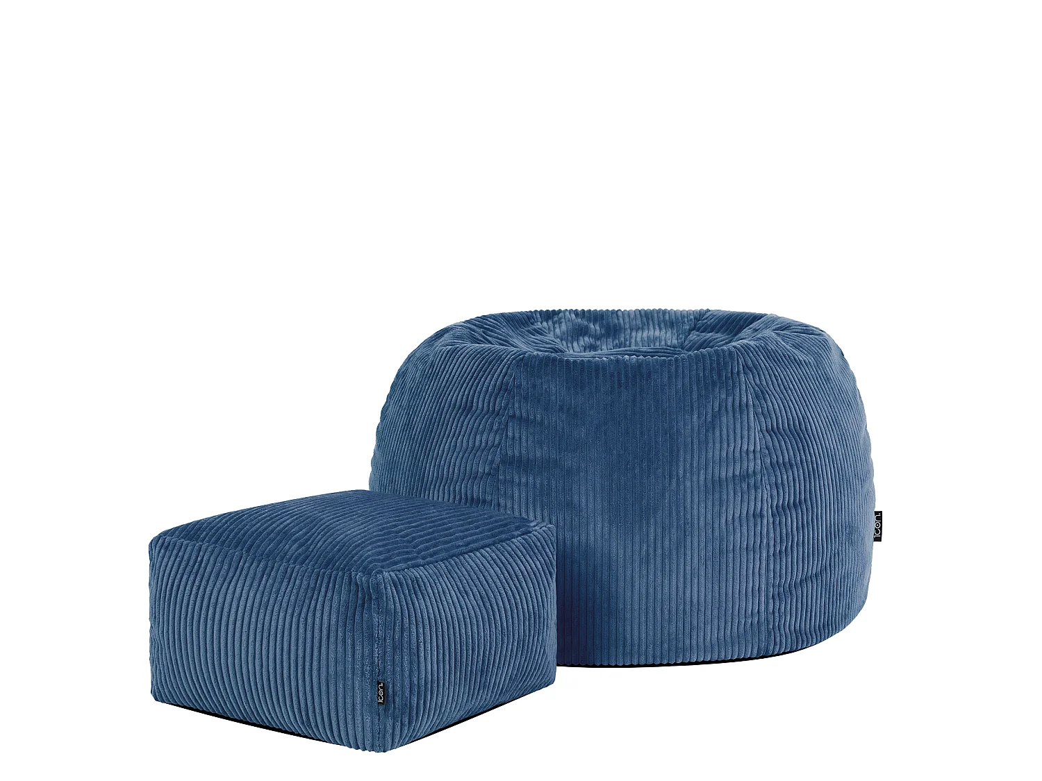 Pouf classique et son repose-pied carré velours côtelé, bleu jean, chambre et salon - KINGSTON