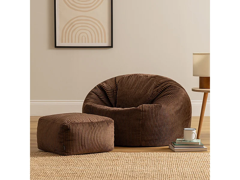 Pouf classique et son repose-pied carré velours côtelé, brun chocolat, chambre et salon - KINGSTON