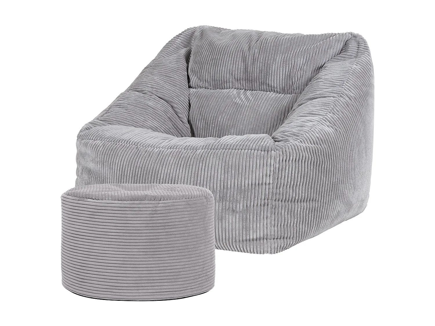 Pouf fauteuil avec repose-pied rond velours côtelé gris clair, salon ou chambre - NATALIA