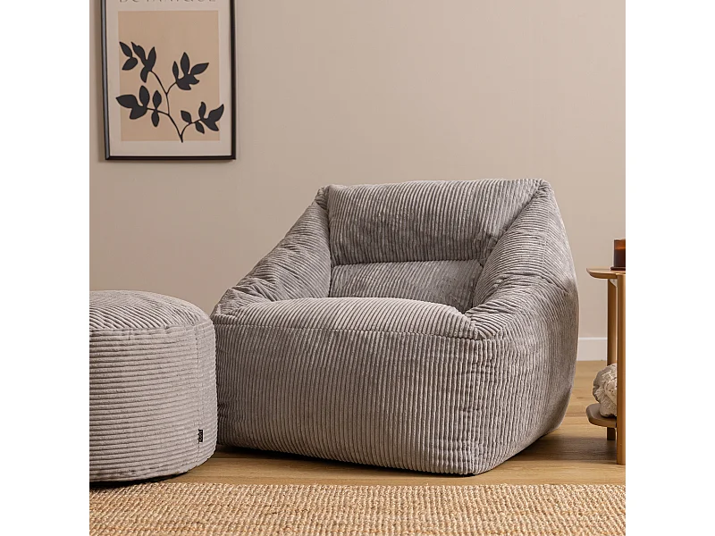 Pouf fauteuil avec repose-pied rond velours côtelé gris clair, salon ou chambre - NATALIA