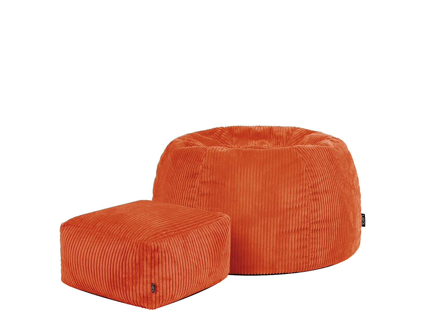 Pouf classique et son repose-pied carré velours côtelé, orange terracotta, chambre et salon - KINGSTON
