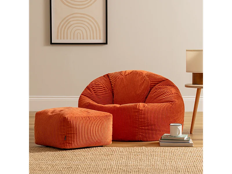 Pouf classique et son repose-pied carré velours côtelé, orange terracotta, chambre et salon - KINGSTON