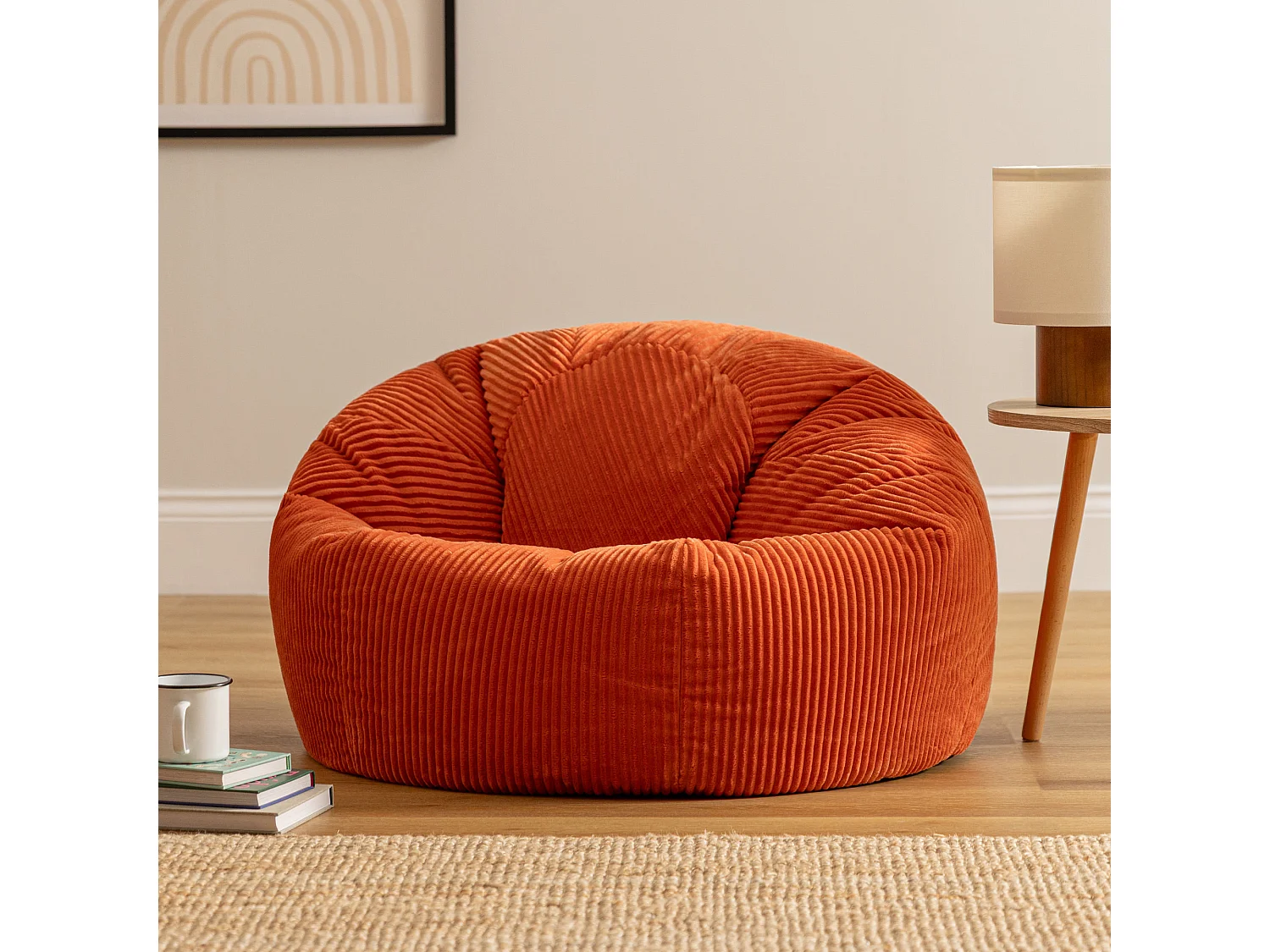 Pouf classique en velours côtelé, orange terracotta, chambre et salon - KINGSTON