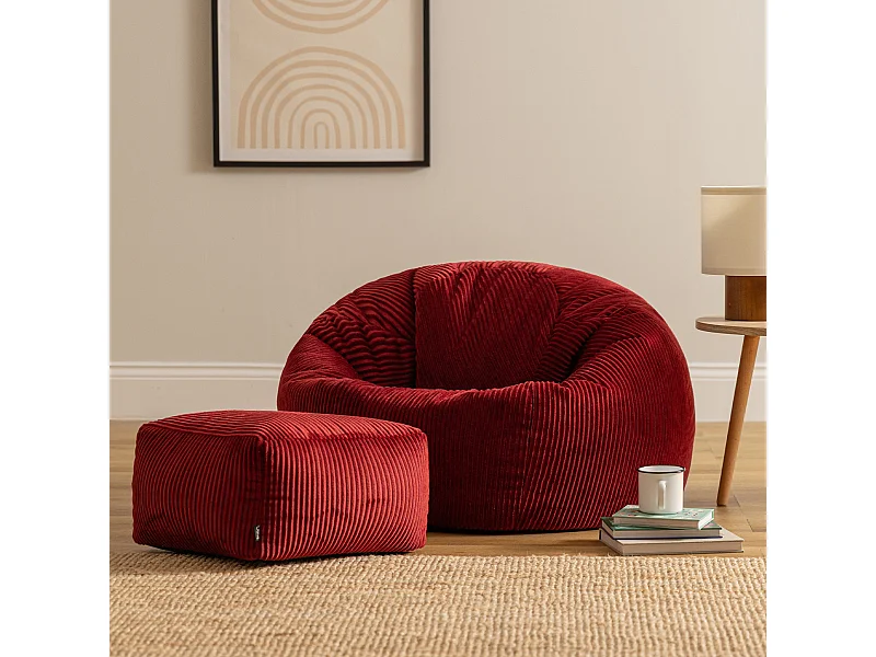 Pouf classique et son repose-pied carré velours côtelé, rouge bordeaux, chambre et salon - KINGSTON