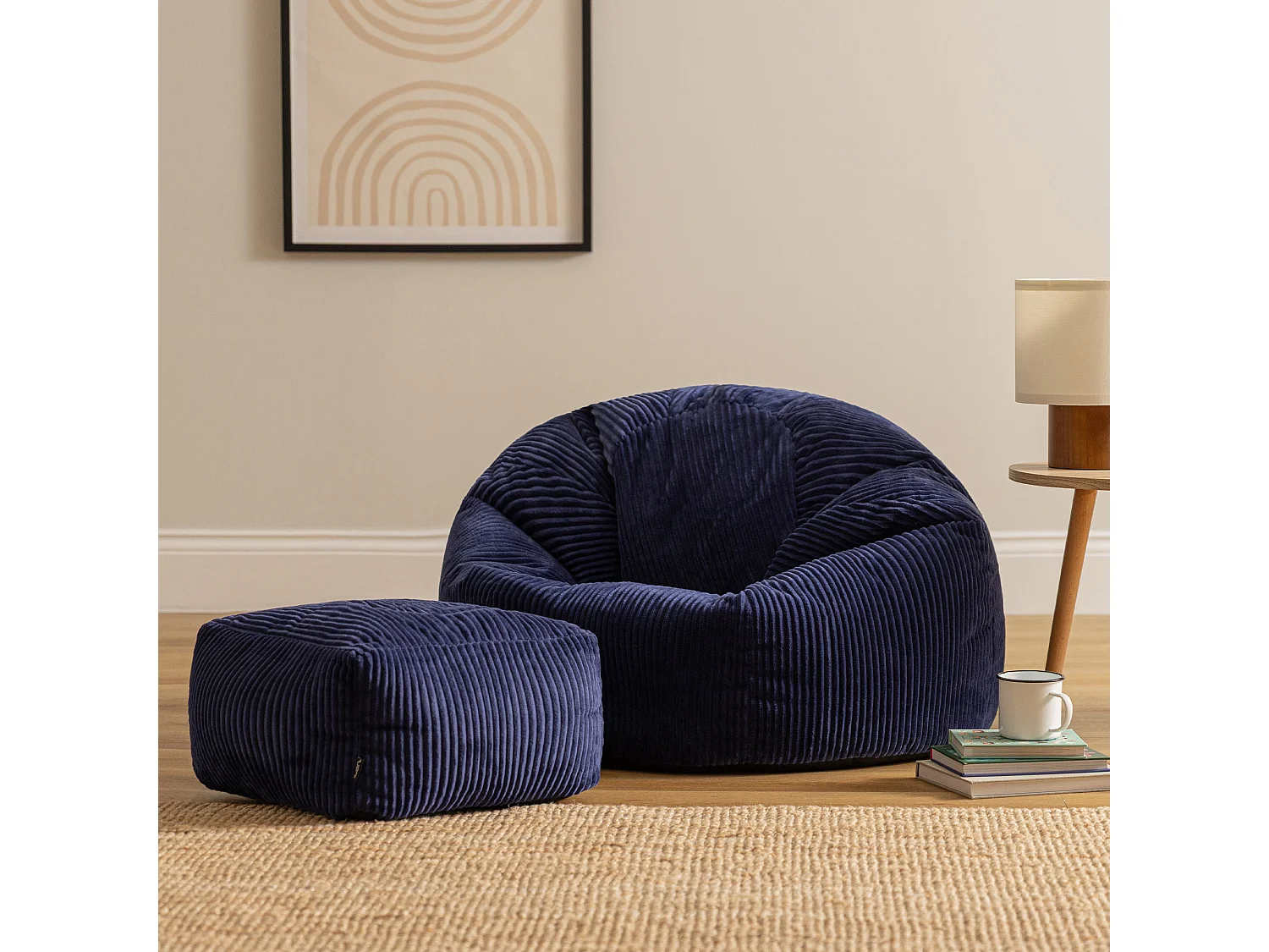 Pouf classique et son repose-pied carré velours côtelé, bleu marine, chambre et salon - KINGSTON