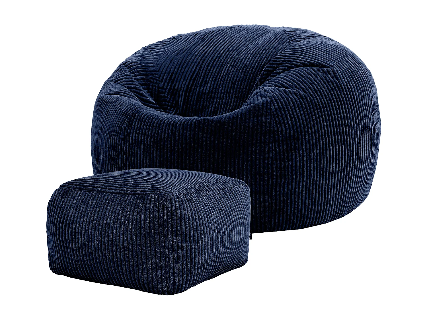 Pouf classique et son repose-pied carré velours côtelé, bleu marine, chambre et salon - KINGSTON
