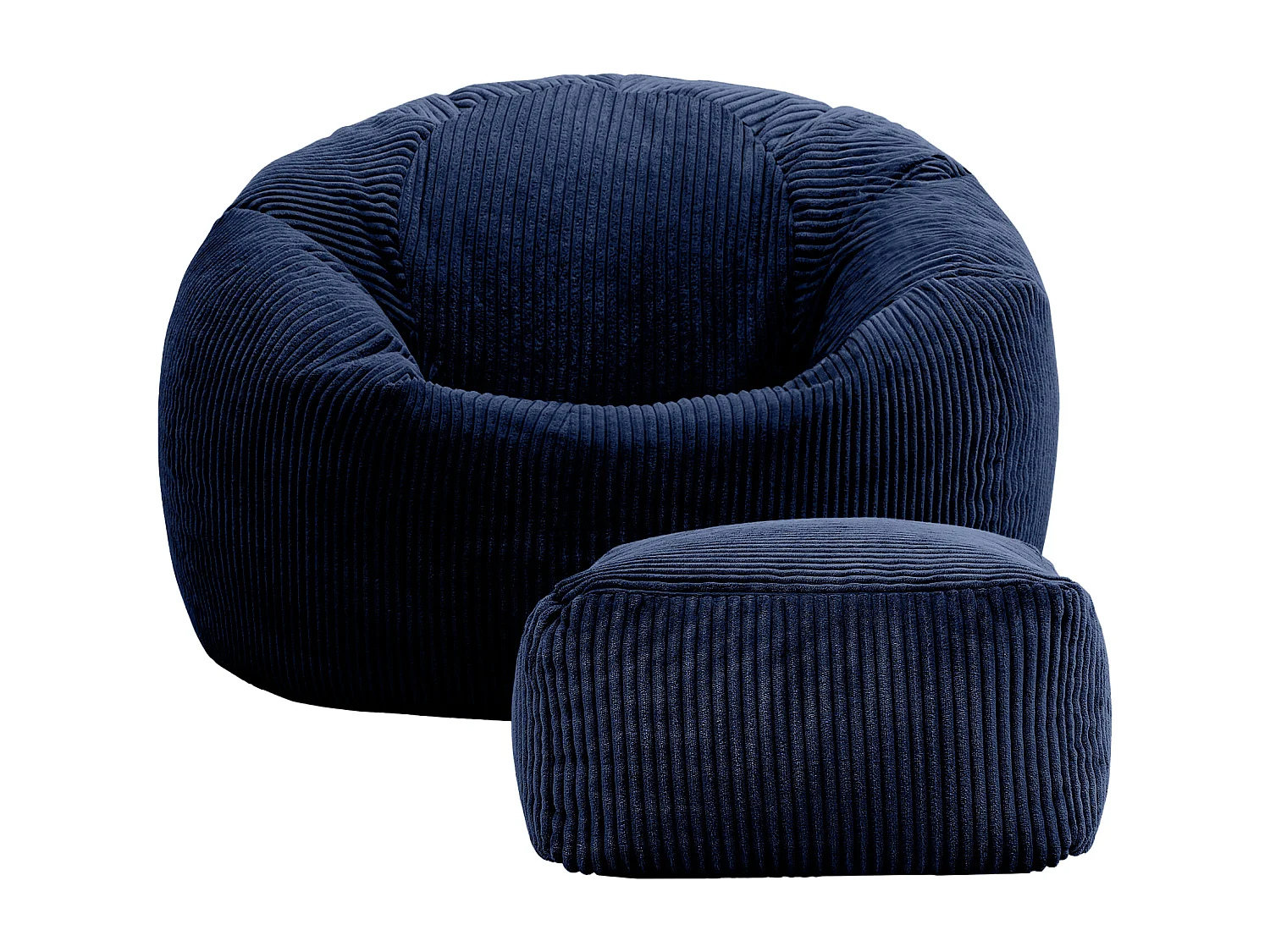 Pouf classique et son repose-pied carré velours côtelé, bleu marine, chambre et salon - KINGSTON