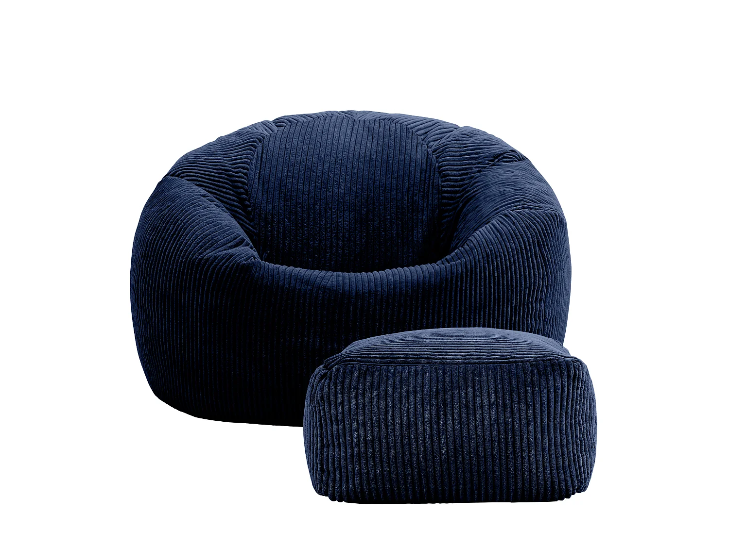 Pouf classique et son repose-pied carré velours côtelé, bleu marine, chambre et salon - KINGSTON