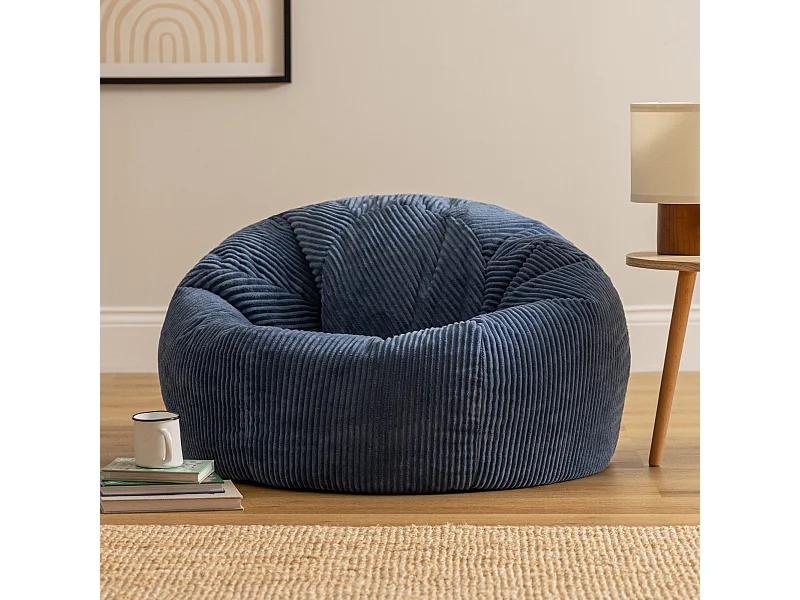 Pouf classique en velours côtelé, bleu jean, chambre et salon - KINGSTON