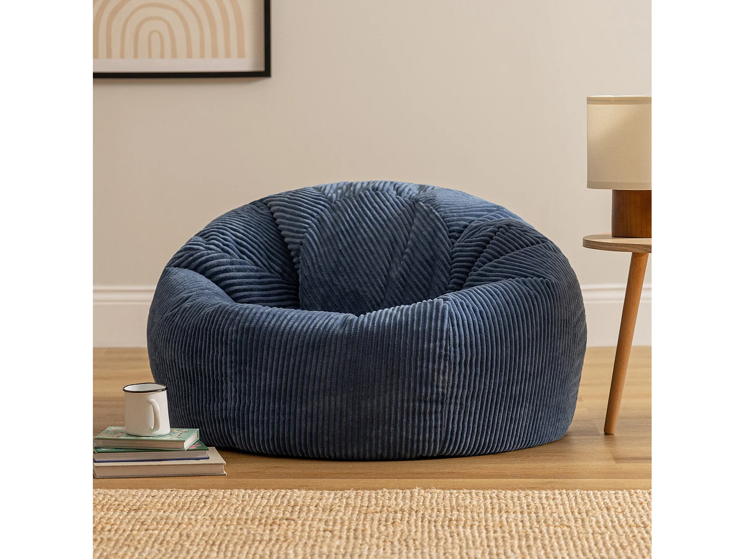 Pouf classique en velours côtelé, bleu jean, chambre et salon - KINGSTON