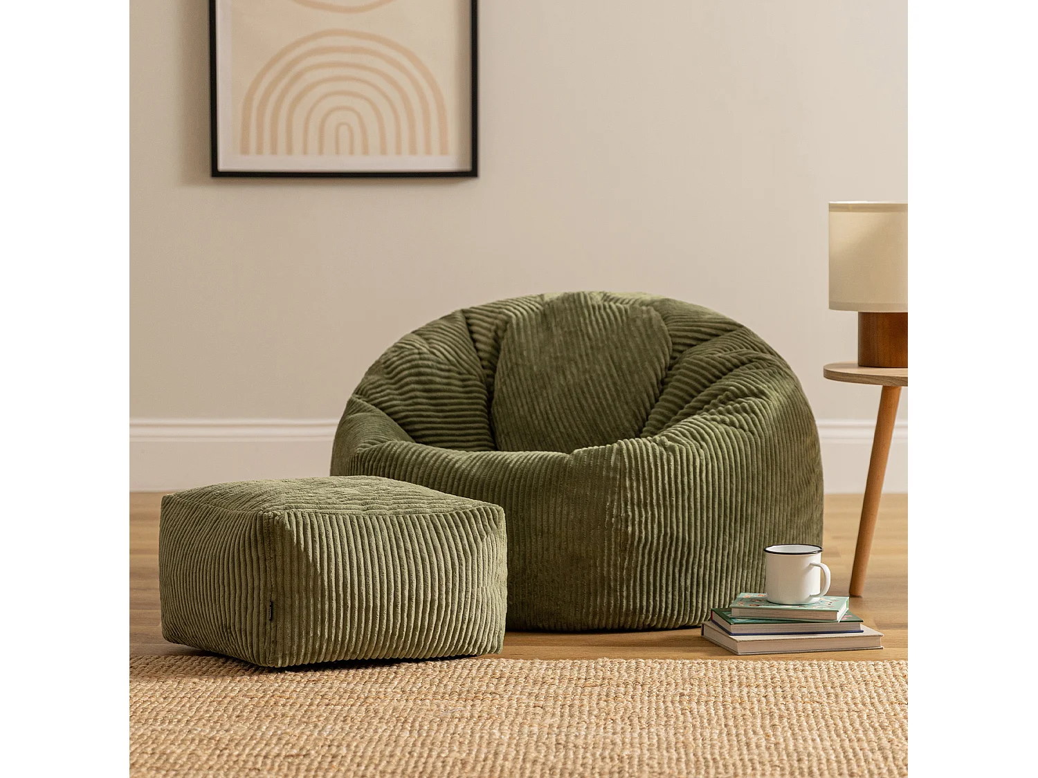 Pouf classique et son repose-pied carré velours côtelé, vert sauge, chambre et salon - KINGSTON