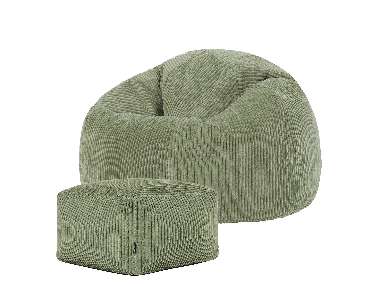 Pouf classique et son repose-pied carré velours côtelé, vert sauge, chambre et salon - KINGSTON