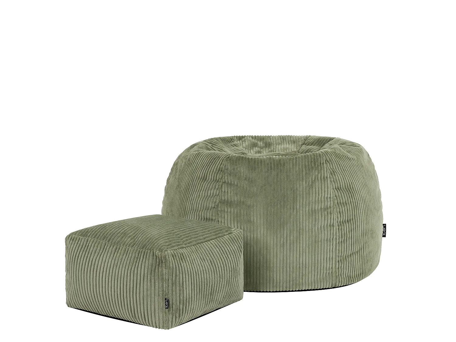 Pouf classique et son repose-pied carré velours côtelé, vert sauge, chambre et salon - KINGSTON